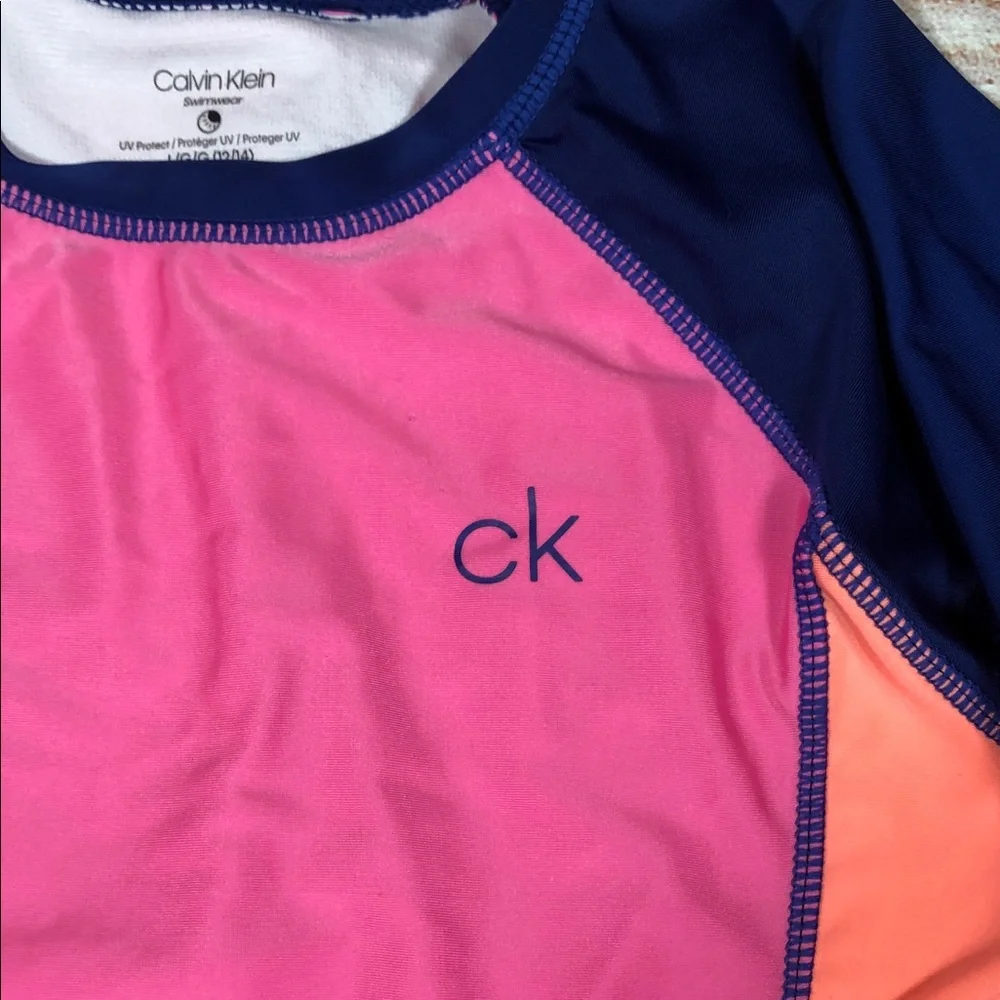 Calvin Klein Pink, Coral & Navy Colorblock Long Sleeve Rash Guard UPF Protection